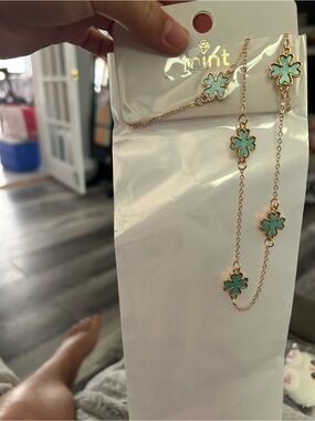 4/$50 clover Mint Gold-Tone Necklace with Mint Green Flower Charms